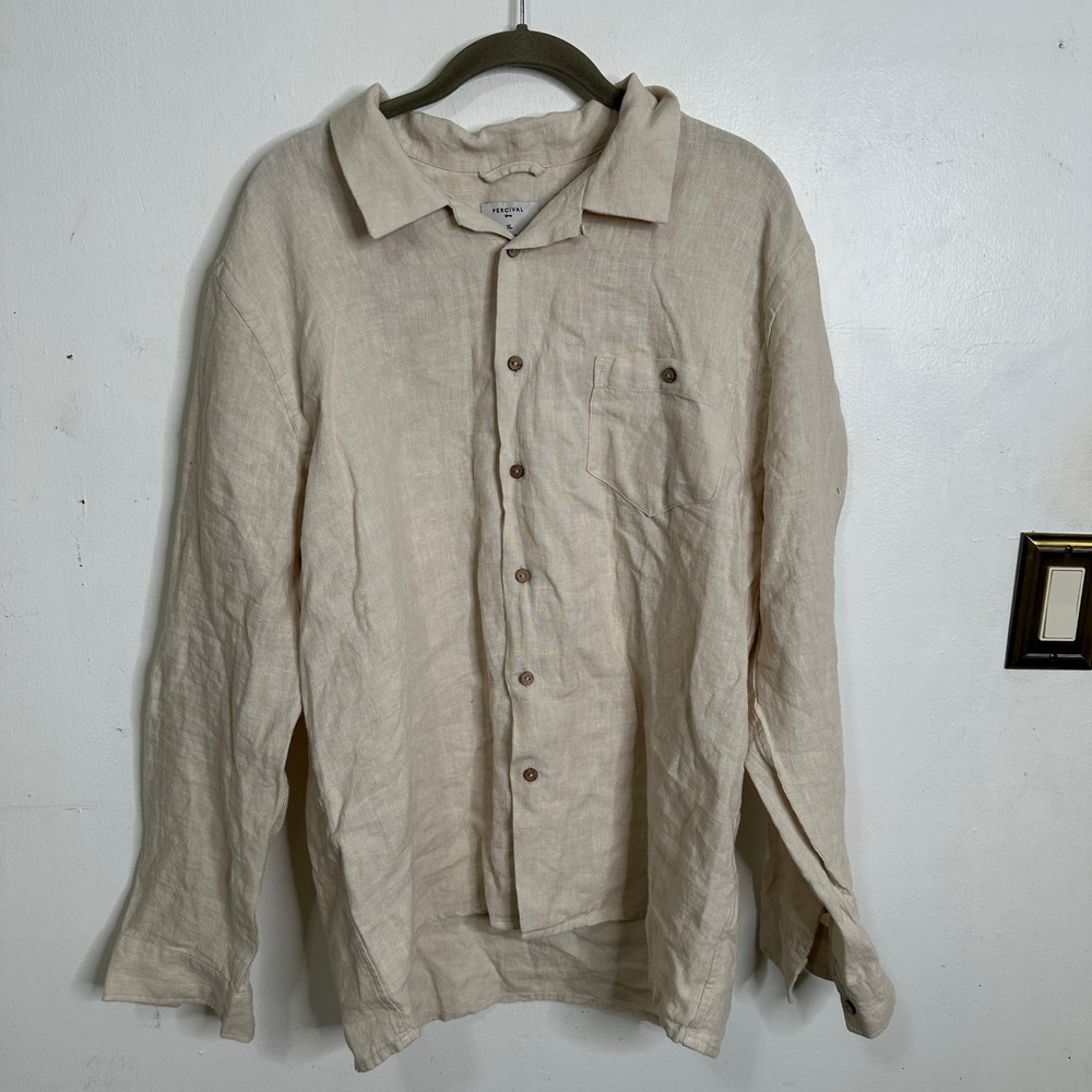 Percival Cuban LS Shirt Mens XL Oatmeal Beige 100% Linen Long Sleeve Button Up